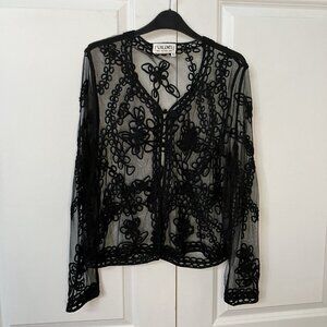 Y2K Valenti Shirt Womens M Black Mesh Sheer Floral Scroll Whimsigoth Fairy Vtg